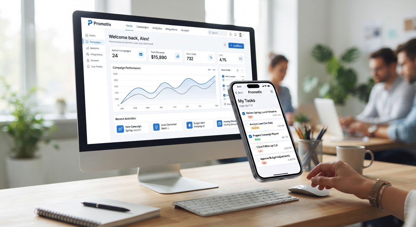 Mockup do dashboard Promotix em desktop e celular